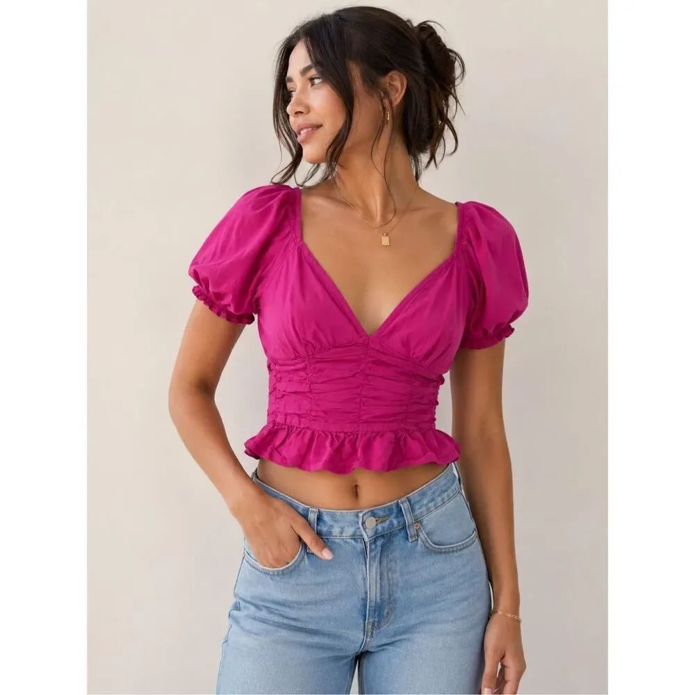 Sim & Sam Pink Puff Sleeve Crop Top L Ruched Peplum Coquette Tie Back